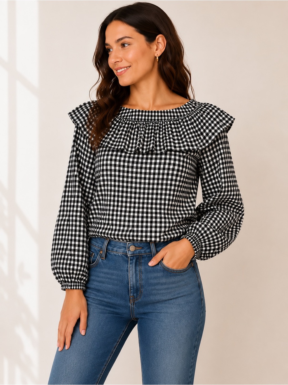 Zara Black and White Gingham Ruffle Collar Blouse